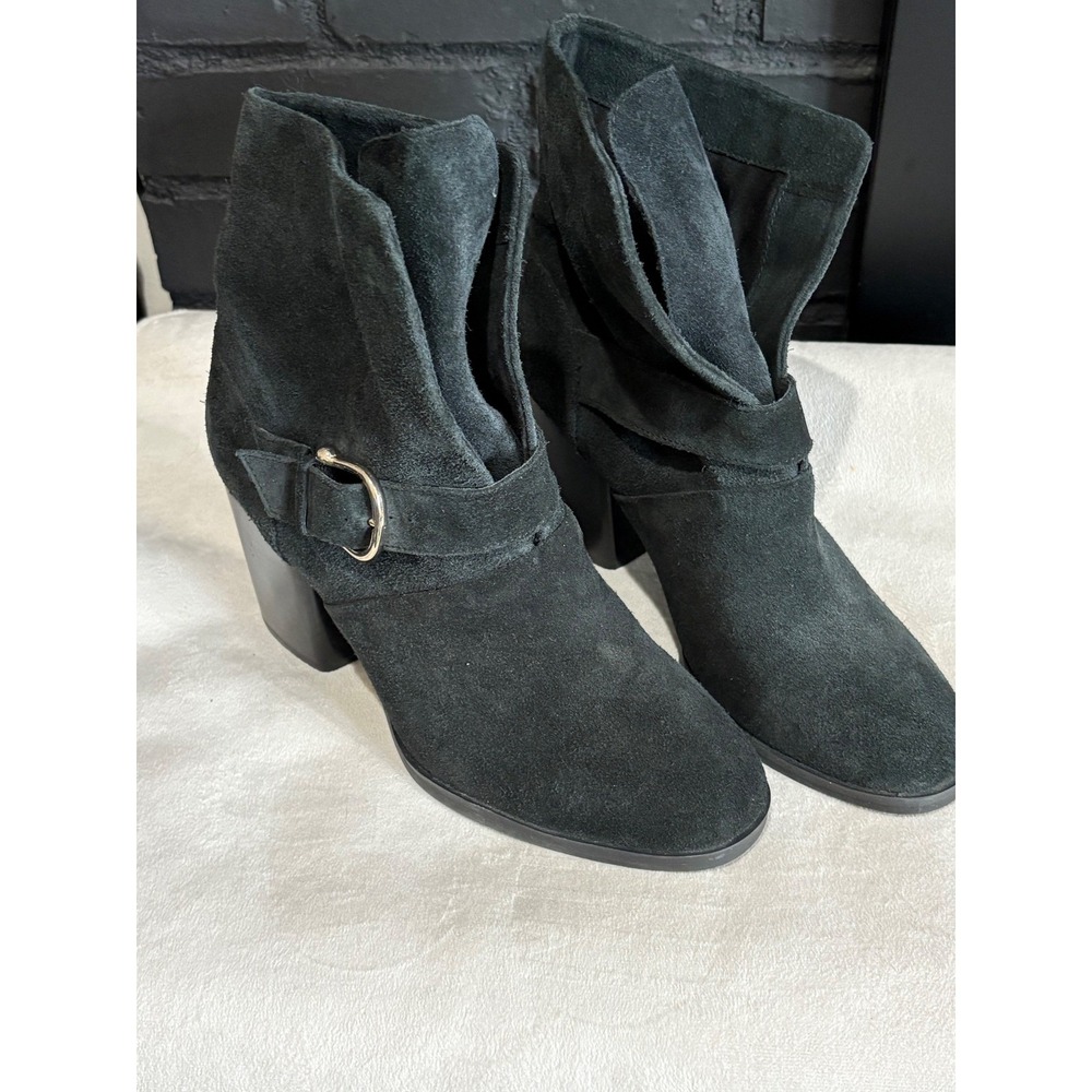 Isola Ankle Boots Women 9 Black Suede Buckle Strap Block Heel Almond Toe Booties